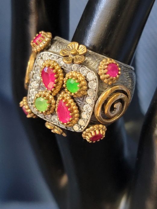 Turkish Pink and Green Two-Toned Ring .925 Sterling Silver Size 6.5  #094