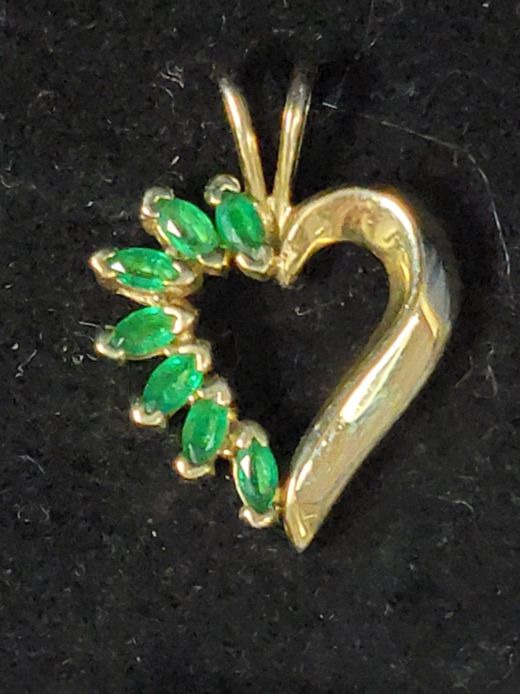 Fairly Large 14K Gold with Real Emeralds Heart Pendant for Necklace, 3.78 grams
