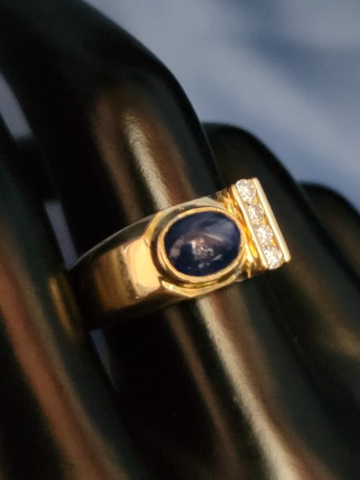 14K Gold Smooth Sapphire and Diamonds Asymmetric Mens/Womens Ring ,Size 9.25, 9.3 grams