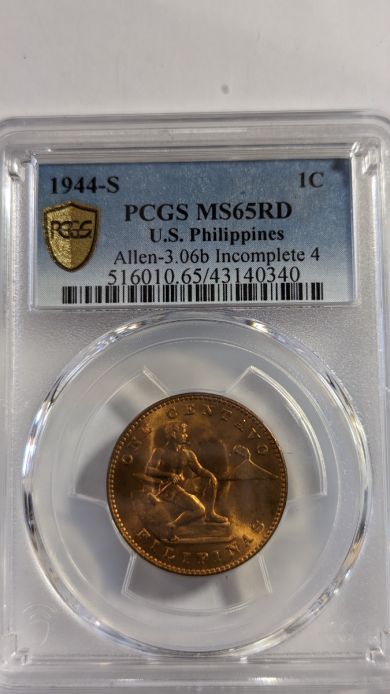 1944-S 1C U.S. Philippines PCGS MS65RD Allen 3.06b - 43140340