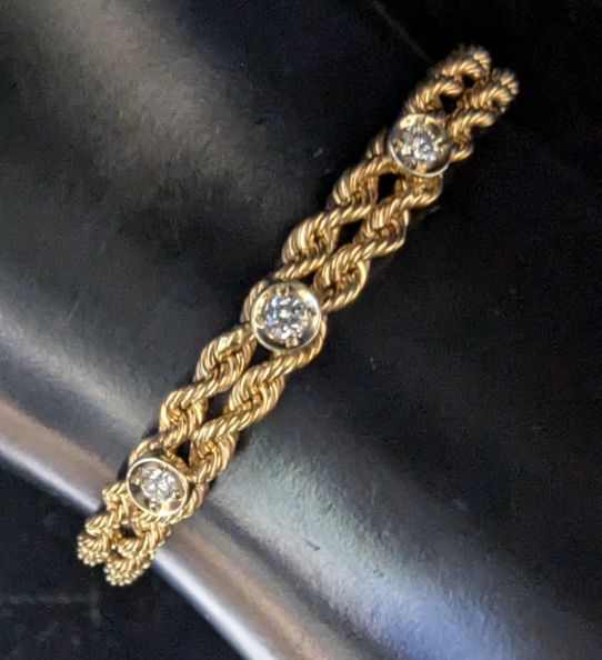 7" 14K Yellow Gold Double rope with diamonds Bracelet 11.43 Grams