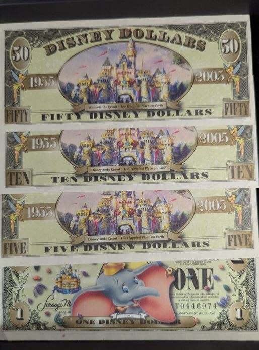 2005 50th Anniversary Disney Dollar set, $1, $5, $10, $50 - Uncirculated