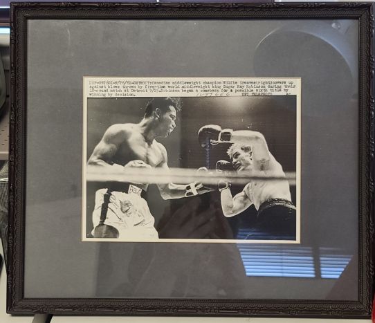 Framed B & W Boxing Photo of Sugar Ray Robinson and Wilfie Greaves 1961
