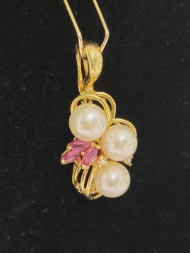 14K Yellow Gold Pearl, Ruby and Diamond Pendant