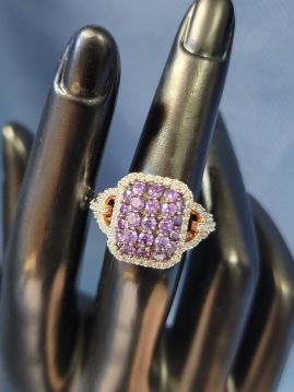 Sparkly Purple Cluster Ring Size 6 Rose Gold Plated .925 Sterling Silver  #096