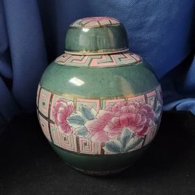 Pink and Teal Geometric Asian Pottery Vase Signed with Lid