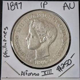 1897 Alfonso XIII Silver Coin Philippines One Peso 1P AU