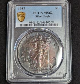 1987 $1 Toned Silver Eagle PCGS MS62 One Dollar Toner 46630508
