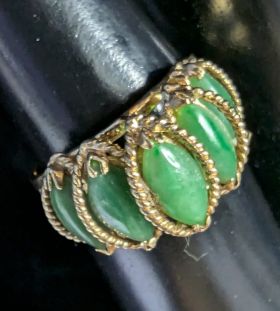 14K Stamped Stacked Jade and Gold Ring Size 6.75, 3.24 grams