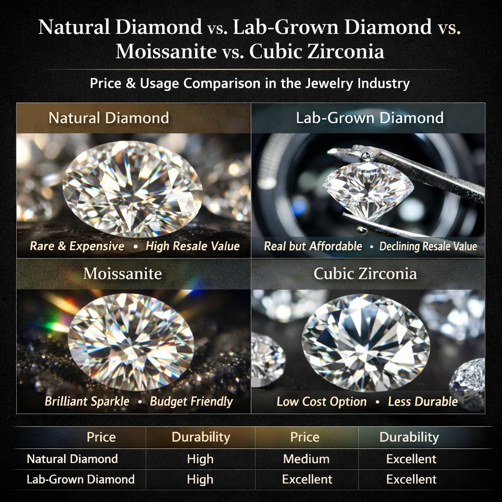 Natural vs. Lab-Grown Diamonds vs. Moissanite vs. Cubic Zirconia