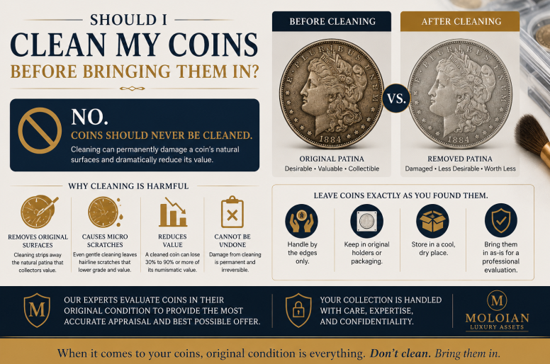 Should I clean my coins before bringing them in?